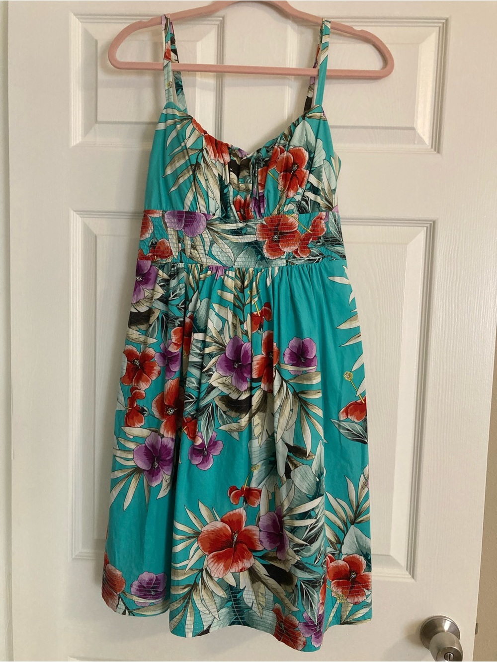 Roz & Ali Tropical Hawaiian Hibiscus Floral Strap Sun Dress Teal Sz 10
